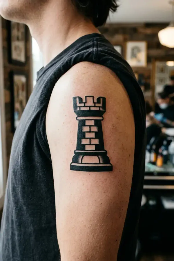 Rook tattoo in blackwork on the shoulder